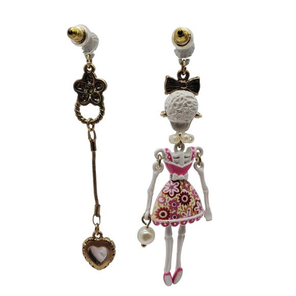 Betsey Johnson Skeleton Earrings Dia de los Muertos Pink Heart 3" Drop Dangle - Picture 6 of 8